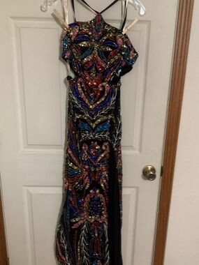 Black Multicolor Sequined Prom Gown with Intricate Beadwork